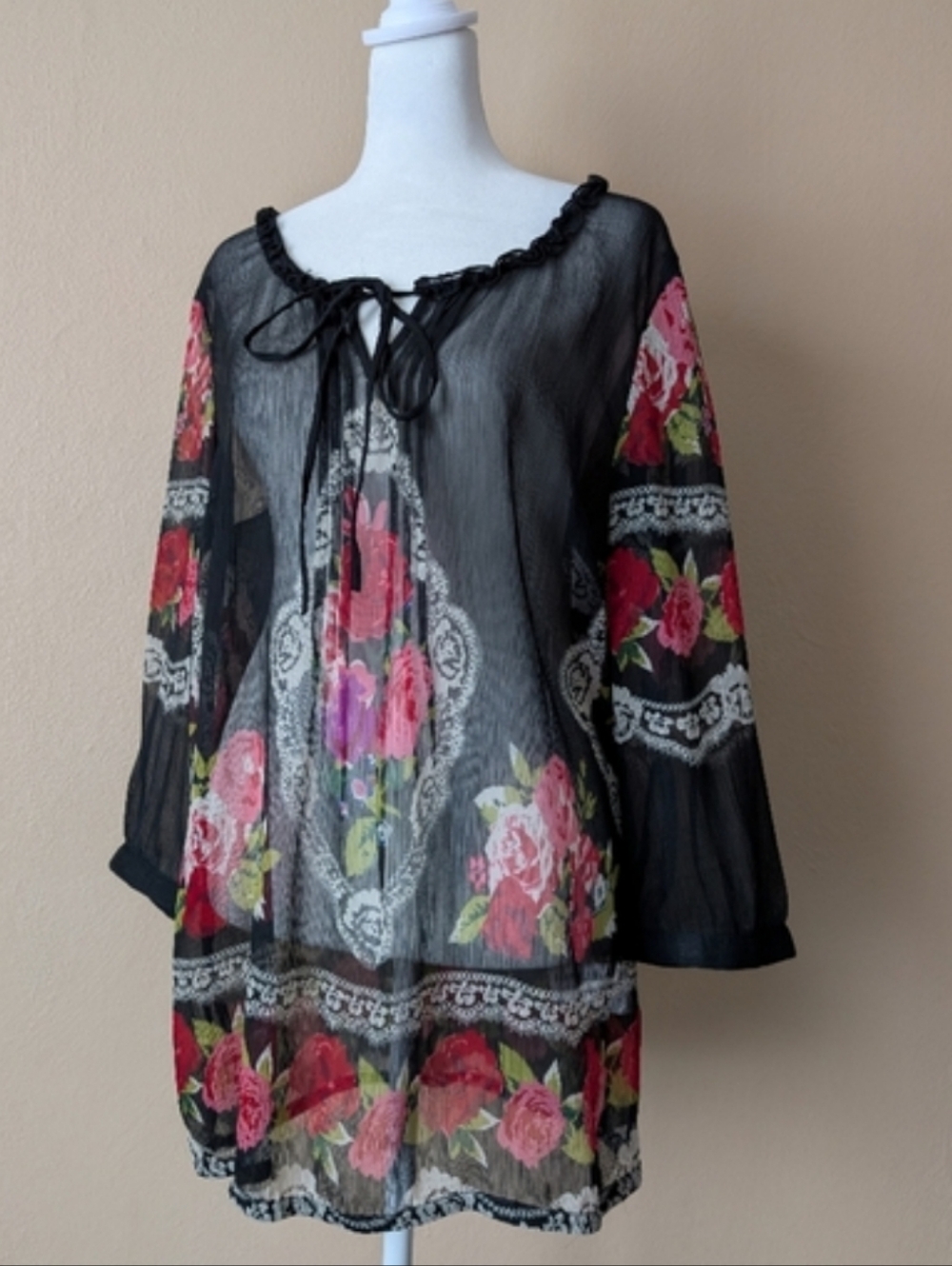 Black Semi Sheer Floral Print 3/4 Sleeve Blouse